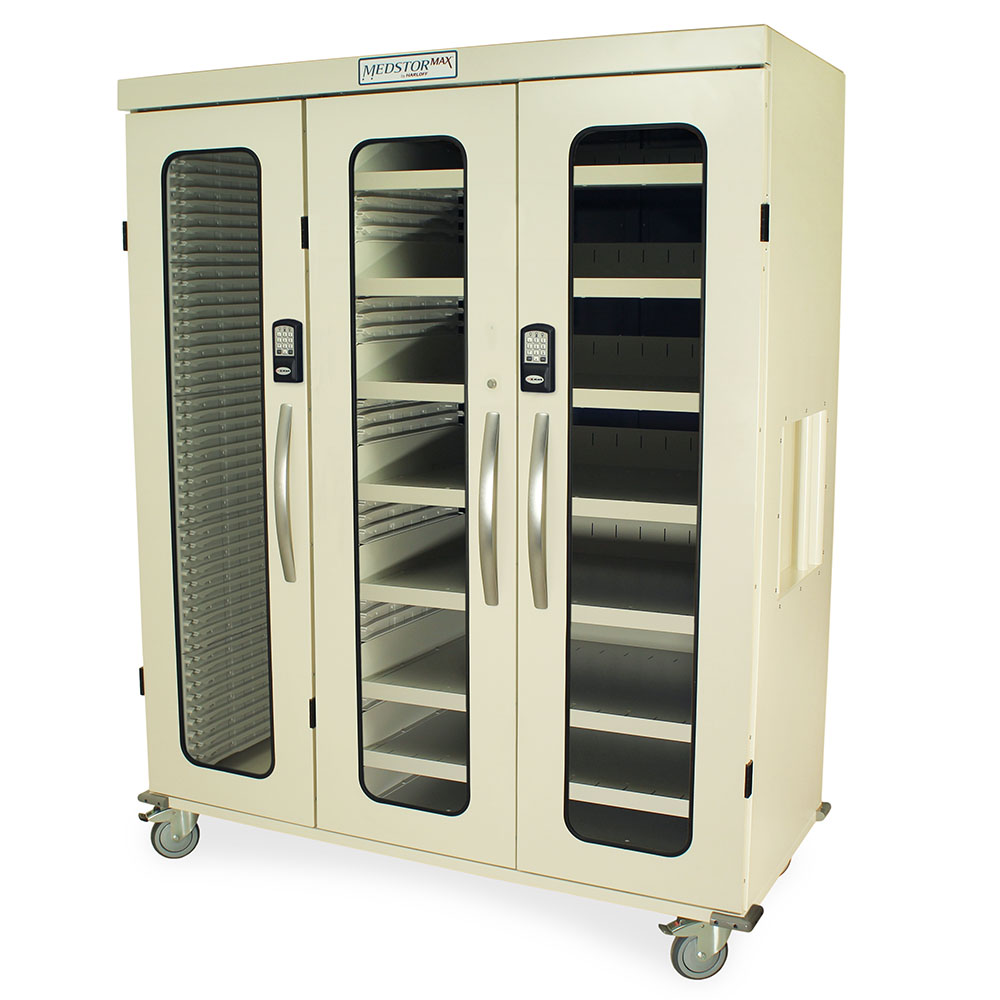Harloff Triple Column Storage Cabinet with Double Wide Open Right Column, Glass Doors, Electronic Keypad Lock, MSPM83-L0GEK