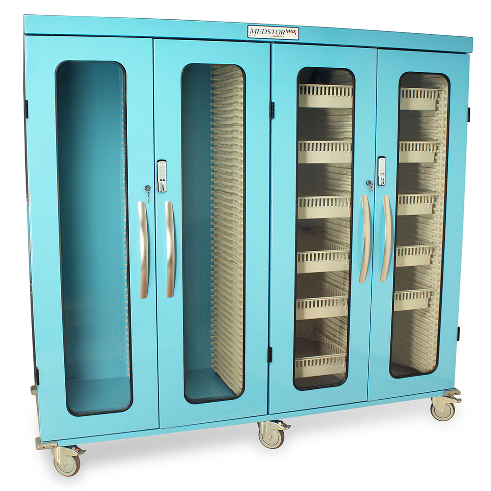 Harloff Quad Column Mobile Medical Storage Cabinet, Glass Doors, E-Lock, MSPM84-00GE