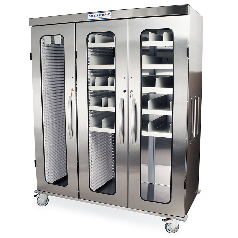 Harloff Triple Column Stainless Steel Medical Storage Cabinet with Double Wide Open Right Column, Glass Doors, Key Lock, MSSM83-L0GK